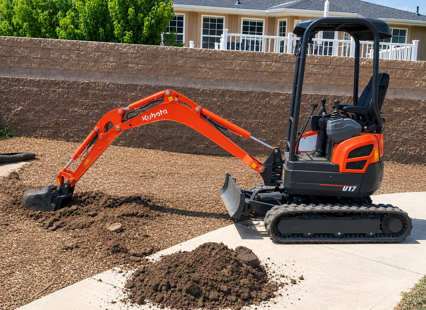 Mini excavator digging in a residential backyard
